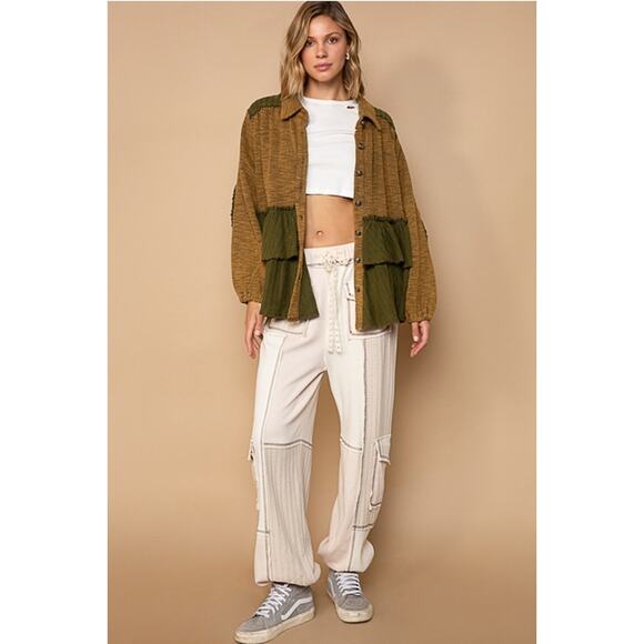 POL Olive Size Medium Button Down Ruffled Cut Sew Sweater Panels Knit Top - Picture 4 of 4